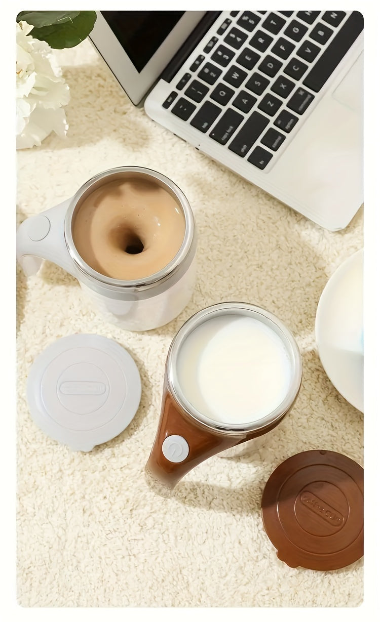 Portable Self-Stirring Coffee Mug – Stainless Steel with Wooden Handle