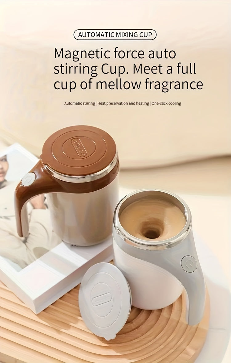 Portable Self-Stirring Coffee Mug – Stainless Steel with Wooden Handle