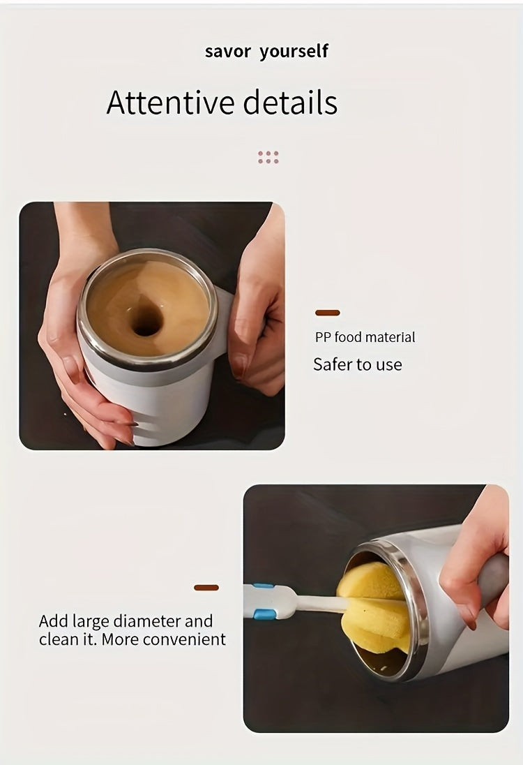 Portable Self-Stirring Coffee Mug – Stainless Steel with Wooden Handle